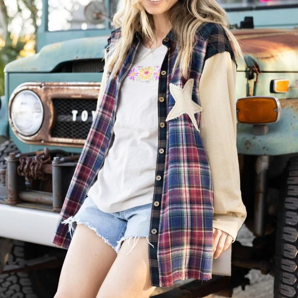 Natural Life Carter Applique Flannel Shirt, Cream Star L/XL - Picture 2 of 10